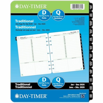 Day-Timer 2026 Dated Refill 1-Page/Day Folio - 11" H x 8-1/2" W - Bilingual - Folio - Daily - 12 Month - January 2026 to December 2026 - 8:00 AM to 8:00 PM - Hourly - 1 Day Single Page Layout - Letter - 8 1/2" (215.90 mm) x 11" (279.40 mm) Sheet Size - Green - Paper Cover - Event Planning Sheet, Tas 8-1/2X11 30% PCW