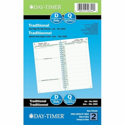 Day-Timer 2026 Wirebound Dated Refill 2 Pages/Day Pocket - 6-1/2" H x 3-1/2" W - Bilingual - Pocket - Daily - 12 Month - January 2026 to December 2026 - 8:00 AM to 5:00 PM - Quarter-hourly - 1 Day Double Page Layout - 3 1/2" (88.90 mm) x 6 1/2" (165.10 mm) Sheet Size - Spiral Bound - Green - Paper C 3-1/2 X 6-1/2 BILINGUAL 30% PCW