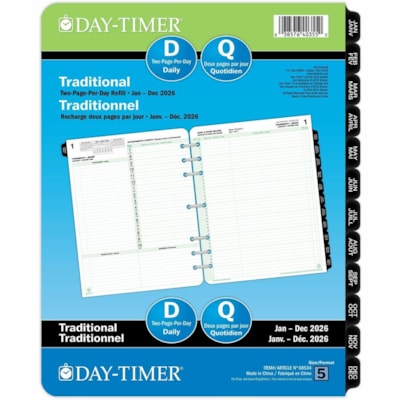 Day-Timer 2026 Dated Refill 2 Pages/Day Folio - 11" H x 8-1/2" W - Bilingual - Folio - Daily - 12 Month - January 2026 to December 2026 - 7:00 AM to 10:00 PM - Hourly - 1 Day Double Page Layout - Letter - 8 1/2" (215.90 mm) x 11" (279.40 mm) Sheet Size - Green - Paper Cover - Event Planning Sheet, T 8-1/2 X 11 30% PCW