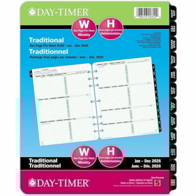 Day-Timer 2026 Dated Refill 2 Pages/Week Folio - 11" H x 8-1/2" W - Bilingual - Folio - Weekly - 12 Month - January 2026 to December 2026 - 8:00 AM to 5:00 PM - Hourly - Monday - Friday, 8:00 AM to 12:00 PM - Hourly - Saturday - Sunday - 1 Week Double Page Layout - Letter - 8 1/2" (215.90 mm) x 11"  8-1/2 X 11 VENDOR ITEM 68532 30% PCW