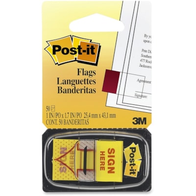 languette Post-it® - largeur de drapeau/note 1 po (25,40 mm) x longueur de drapeau/note 1 3/4 po (44,45 mm) - Flèche - SIGNEZ ICI - Jaune - Amovible, Autocollant - Distribluteur inclus - 1 / emballage LANGUETTES IMPRIMÉES  1X1 7PO TRANSP. & AMOVIBLES  50/DISTR.