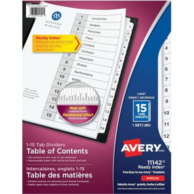 Avery® Ready Index® Table of Content Dividers for Laser and Inkjet Printers, 15 tabs - 15 x Divider(s) - 1-15 - 15 Tab(s)/Set - 8.50" (215.90 mm) Divider Width x 11" (279.40 mm) Divider Length - 3 Hole Punched - White Paper Divider - White Paper Tab(s) - 20% Recycled - 15 / Set WHITE TABLE OF CONTENTS 1-15 30% PCW