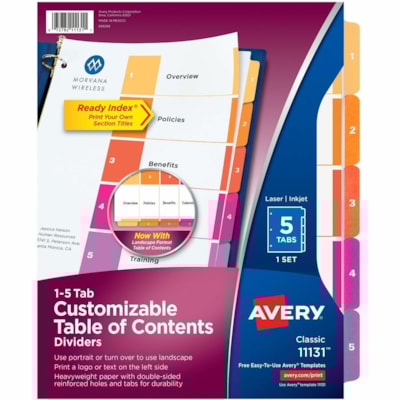 Avery® Ready Index® Table of Content Dividersfor Laser and Inkjet Printers, 5 tabs, 1 set - 5 x Divider(s) - 1-5 - 5 Tab(s)/Set - 8.50" (215.90 mm) Divider Width x 11" (279.40 mm) Divider Length - 3 Hole Punched - White Paper Divider - Multicolor Paper Tab(s) - 20% - Hole-punched, Printable, FR BINDR REINFORCD TABS&HOLES INKJET & LASER AVERY  20% PCW