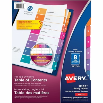 Avery® - Intercalaires Ready Index - 8 x Intercalaire(s) - 1-8 - 8 Onglet(s)/Ensemble - largeur de l'intercalaire 8,50 po (215,90 mm) x longueur de l'intercalaire 11 po (279,40 mm) - 3 TrouPerforé - Divider Blanc Papier - Tab(s) Multicouleur Papier - 20% Recyclé - 8 / jeu NO 1 A 8  LASER/JET D ENDRE 3 TROUS RENF 20% MATIERE POSTC
