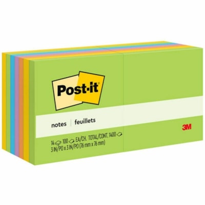 Feuillet adhésif Post-it® - 1400 - largeur de drapeau/note 3 po (76,20 mm) x longueur de drapeau/note 3 po (76,20 mm) - Carré - 100 Feuilles par bloc - Non ligné - Citronnade, Citron, Jardin d'iris, Rose - Papier - Autocollant, Repositionnables - 14 / emballage 14 BLOCS  100 FEUILLETS/BLOC 