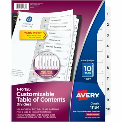 Avery® - Intercalaires Ready Index - 10 x Intercalaire(s) - 1-10 - 10 Onglet(s)/Ensemble - largeur de l'intercalaire 8,50 po (215,90 mm) x longueur de l'intercalaire 11 po (279,40 mm) - 3 TrouPerforé - Divider Blanc Papier - Tab(s) Blanc Papier - 20% Recyclé - 10 / jeu NOIR ET BLANC  10 ONGLETS NO 1 A 10  30% MATIERE POSTC