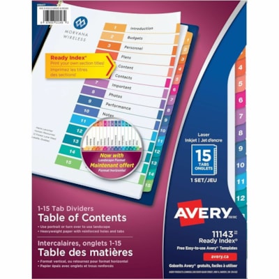 Avery® Ready Index® Table of Content Dividers for Laser and Inkjet Printers, 15 tabs, 1 set - 15 x Divider(s) - 1-15 - 15 Tab(s)/Set - 8.50" (215.90 mm) Divider Width x 11" (279.40 mm) Divider Length - 3 Hole Punched - White Paper Divider - Multicolor Paper Tab(s) - 20% Recycled - 15 / Set FR BINDR REINFORCD TABS&HOLES INKJET & LASER AVERY  20% PCW