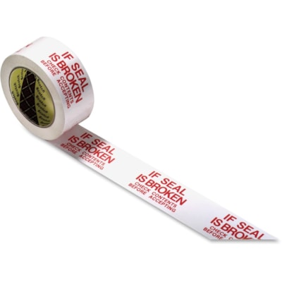 Scotch Preprinted Message Seal Broken Tape - 109.4 yd (100 m) Length x 1.88" (47.8 mm) Width - 3" (76.20 mm) Core - White, Red - 1.20 mil (0.03 mm) - Polypropylene Film Backing - For Sealing - 1 Roll 48MM X 100M RED ON WHITE
