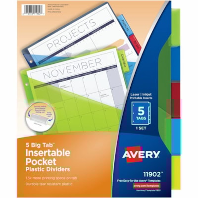 Avery® Big Tab(tm) Insertable Plastic Dividers with Pocketsfor Laser and Inkjet Printers, 9-1/4" x 11-1/8" , 5 tabs, 1 set - 5 x Divider(s) - 5 - 5 Tab(s)/Set - 9.25" (234.95 mm) Divider Width x 11.25" (285.75 mm) Divider Length - 3 Hole Punched - Translucent Plastic, Multicolor Divider - Mul POCKET INSERTABLE PLASTIC LTR MULTI COLOURS