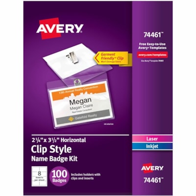Avery® Garment Friendly Clip Style Name Badge Kitfor Laser and Inkjet Printers, 2-1/4" x 3-1/2" - Legal - 8 1/2" (215.90 mm) x 11" (279.40 mm) - Durable, Reusable, Printable, Clip, Micro Perforated - White - 13 Sheets - 100 / Box KIT  2-1/4"X 3-1/2" 100/BOX 