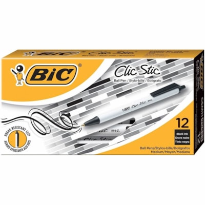 BIC Clic Stic Retractable Ballpoint Pens - Medium Pen Point - Retractable - Black Ink - White Barrel - 1 Dozen DISPOSABLE LIGHTWEIGHT FEEL RETRACTABLE