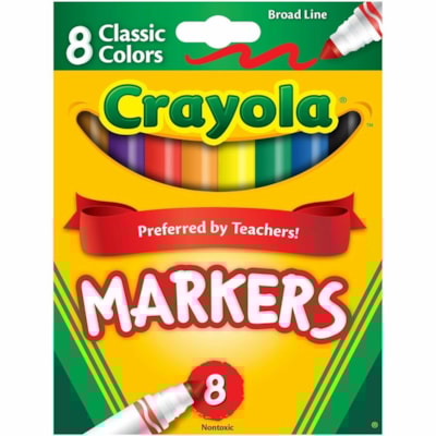 Crayola - Marqueurs à trait large de couleurs classiques - Large Conique Pointe de marqueur - Ink Variées, Orange, Jaune, Vert, Bleu, Violet, Brun, Noir - Encre à base d'eau - 8 / Ensemble CLASSIQUE 