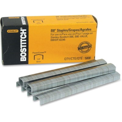 Bostitch PowerCrown Premium Staples - 210 Per Strip - 1/4" (6.35 mm) Leg - 1/2" (12.70 mm) Crown - Chisel Point - Silver - High Carbon Steel - 2" (50.80 mm) Height x 1.50" (38.10 mm) Width x 4.38" (111.25 mm) Length - 5000 / Box PREMIUM STAPLES  5000/PACK 30-SHEET CAPACITY