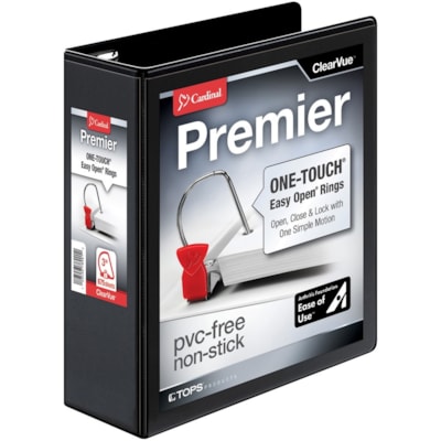 Cardinal EasyOpen Clearvue Slant D-Ring Binders - 3" (76.20 mm) Binder Capacity - Letter - 8 1/2" (215.90 mm) x 11" (279.40 mm) Sheet Size - 675 Sheet Capacity - 2 29/32" (73.66 mm) Spine Width - 3 Ring(s) - Fastener(s): D-Ring - Pocket(s): 2, Inside Front & Back - Vinyl - Black - 1.86 lb (843.68 g) CARDINAL PREMIER EASY OPEN DVW 