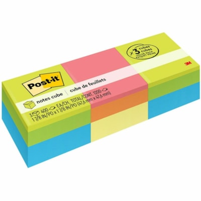 Post-it® - Cube de Feuillets - 1200 - largeur de drapeau/note 2 po (50,80 mm) x longueur de drapeau/note 2 po (50,80 mm) - Carré - 400 Feuilles par bloc - Non ligné - Citronnade, Jaune canari - Papier - Repositionnables, Autocollant - 3 / emballage 2051-3PK-EF 1.88 IN X 1.88 IN