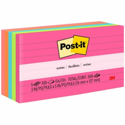 Post-it® Notes Original Lined Notepads - Poptimistic Color Collection - 500 - 3" (76.20 mm) Flag/Note Width x 5" (127 mm) Flag/Note Length - Rectangle - 100 Sheets per Pad - Ruled - Power Pink, Acid Lime, Aqua Splash, Vital Orange, Guava - Paper - Self-adhesive, Repositionable - 5 / Pack 635-5AN 3 IN X 5 IN (7.6 CM X 13 CM)