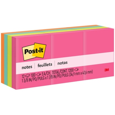 Post-it® Notes Original Notepads - Poptimistic Color Collection - 1200 - 1 1/2" (38.10 mm) Flag/Note Width x 2" (50.80 mm) Flag/Note Length - Rectangle - 100 Sheets per Pad - Unruled - Power Pink, Acid Lime, Aqua Splash, Vital Orange - Paper - Self-adhesive, Repositionable - 12 / Pack POPTIMISTIC COLOUR COLLECTION TO MOST SURFACES 100/PAD