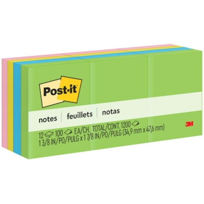 Post-it® Notes Original Notepads - Floral Fantasy Color Collection - 1200 - 1 1/2" (38.10 mm) Flag/Note Width x 2" (50.80 mm) Flag/Note Length - Rectangle - 100 Sheets per Pad - Unruled - Limeade, Citron, Positively Pink, Iris Infusion, Blue Paradise - Paper - Self-adhesive, Repositionable - 12  IN JAIPUR COLOUR COLLECTION STICK TO MOST SURFACES 100/PAD