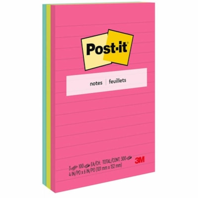 Post-it® Lined Notes - Poptimistic Color Collection - 300 - 4" (101.60 mm) Flag/Note Width x 6" (152.40 mm) Flag/Note Length - Rectangle - 100 Sheets per Pad - Ruled - Power Pink, Neon Green, Aqua - Paper - Self-adhesive, Repositionable - 3 / Pack POPTIMISTIC 100/PAD RULED