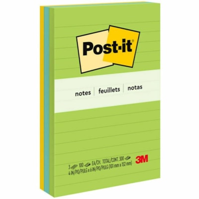 Post-it® Notes Original Lined Notepads - Floral Fantasy Color Collection - 300 - 4" (101.60 mm) Flag/Note Width x 6" (152.40 mm) Flag/Note Length - Rectangle - 100 Sheets per Pad - Ruled - Limeade, Citron Yellow, Blue, Blue Paradise - Paper - Self-adhesive, Repositionable - 3 / Pack FLORAL FANSTASY 100 SHEETS/PAD