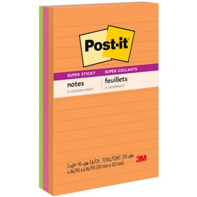 Post-it® - Super Sticky Notes - Collection couleur Energy Boost - largeur de drapeau/note 4 po (101,60 mm) x longueur de drapeau/note 6 po (152,40 mm) - Rectangulaires - 90 Feuilles par bloc - Avec ligne - Orange, Rose, Vert - Papier - Autocollant, Recyclable - 3 / emballage 4X6 LIGNES ENERGY BOOST 