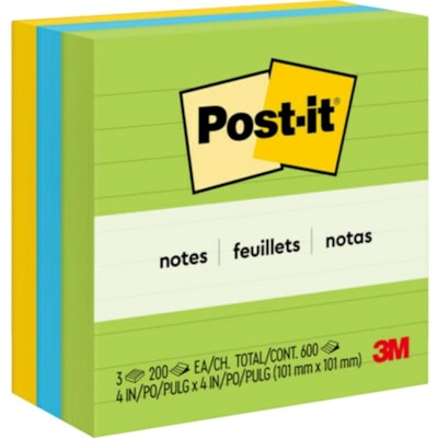 Post-it® Lined Notes in Ultra Colors - 600 - 4" (101.60 mm) Flag/Note Width x 4" (101.60 mm) Flag/Note Length - Square - Ruled - Ultra Assorted - Self-adhesive, Repositionable - 3 / Pack 200SHEETS/PD LINED TURQUOISE/FUSHCIA/YELLOW