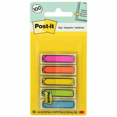 Post-it® - Languettes en forme de flèche dans distributeur portable - Couleurs vives - largeur de drapeau/note 1/2 po (12,70 mm) x longueur de drapeau/note 1 3/4 po (44,45 mm) - Flèche, Rectangulaires - Non ligné - Orange, Rose, Vert, Bleu, Jaune, Eau - Amovible, Autocollant  