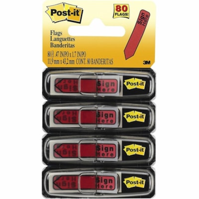 Post-it® Arrow Message Flags - 80 x Red - 1/2" (12.70 mm) Flag/Note Width x 1 3/4" (44.45 mm) Flag/Note Length - Arrow, Rectangle - Unruled - "SIGN HERE" - Red - Removable, Self-adhesive - 80 / Pack  