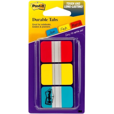 Post-it® - Onglets Durables - Inscriptibe Onglet(s) - hauteur de l'onglet 0,98 po (25 mm) x largeur de l'onglet 1 po (25,40 mm) - Autocollant, Amovible - Tab(s) Rouge, Jaune, Bleu, Néon - Résistant à l'usure, Résistant aux déchirures, Résistants, Inscripti POST-IT AMOVIBLES  JAUNE/ROUGE /BLEU-22 PAR COUL. 66 AU TOTAL