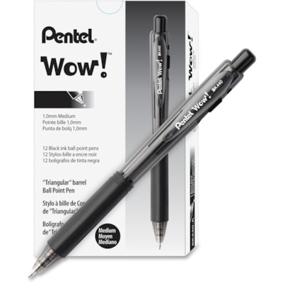 Pentel WOW! Retractable Ballpoint Pens - 1 mm (0.04") Medium Pen Point - Retractable - Black Ink - Black Barrel - 1 Dozen MEDIUM 