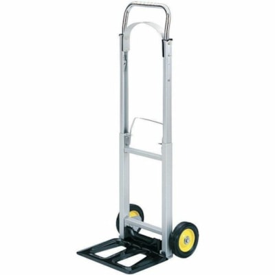 Safco Hideaway Compact Hand Truck - Folding Handle - 250 lb (113398.09 g) Capacity - 2 Casters - 6" (152.40 mm) Caster Size - Steel, Aluminum - 15.5" (393.70 mm) Width x 16.5" (419.10 mm) Depth x 43.5" (1104.90 mm) Height - Aluminum Frame - Silver - 1 Each 15.5X8 OPENS TO 16.5X29X43.5 