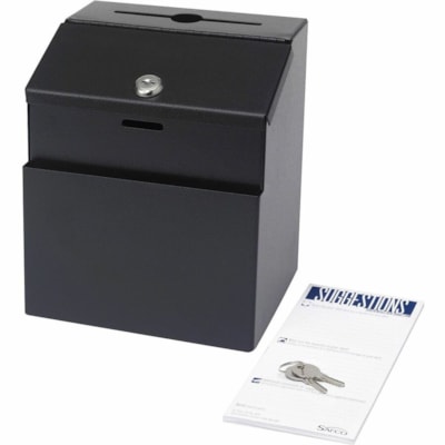 Safco Steel Suggestion Box - External Dimensions: 7.3" (184.15 mm) Width x 6" (152.40 mm) Depth x 8.5" (215.90 mm) Height - 25 x Card - Key Lock Closure - Steel - Black - 1 Each BLACK  DESKTOP OR WALL MOUNT 8 1/2"H X 7 1/8"W X 6"D