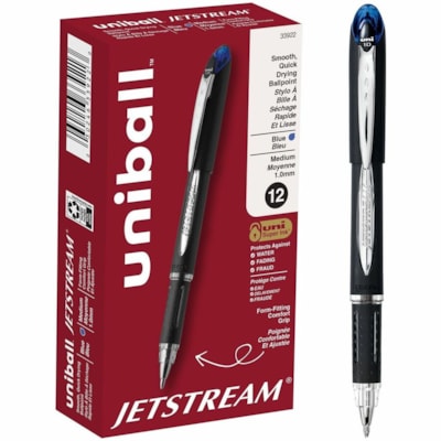 uniball(tm) Jetstream Ballpoint Pens - 1 mm (0.04") Medium Pen Point - Blue Ink - Pigment-based - Black Stainless Steel Barrel - 1 Each WITH WINDOWED GRIP TO MONITOR INK SUPPLY REFILLABLE 12/BOX