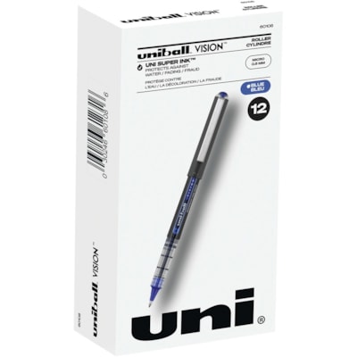 uniball(tm) Vision Rollerball Pens - 0.5 mm (0.02") Micro Pen Point - Blue Ink - 1 Dozen VISION INK WINDOW UNI-FLOW WATER/FADE PROOF DISPOSABLE