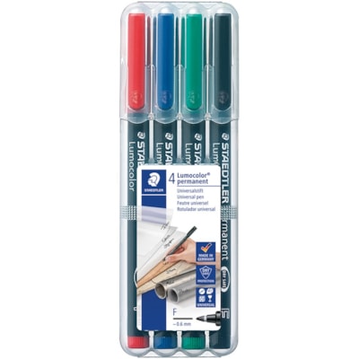 Staedtler Lumocolor Permanent Pens - 0.6 mm (0.02") Fine Marker Point - Red, Blue, Green, Black Ink - Black Polypropylene Barrel - 4 / Set FINE TIP  SET OF 4 ASST'D COLO 