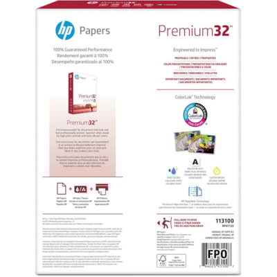 HP Papers - Papier laser Premium32 - Blanc - 100 Luminosité - format lettre - 8 1/2 po (215,90 mm) x 11 po (279,40 mm) - 32 lb (14514,96 g) Poids de Base - Sans acide, Heavyweight - Blanc - 500 / Ramette 32 LBS BL:98 500 FEUILLES/PQT 