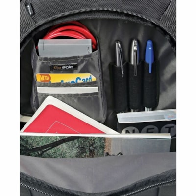 Solo Sterling Carrying Case (Backpack) for 16" (406.40 mm) Notebook - Black - Ballistic Poly, Polyester Body - Checkpoint Friendly - Backpack Strap, Handle - 12.75" (323.85 mm) Height x 17.50" (444.50 mm) Width x 5" (127 mm) Depth - 1 Each ptop sleeve Checkpoint friendl y sleeve design allo