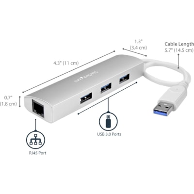 StarTech.com 3-Port USB Hub with Ethernet, USB-A Ports, Gigabit Ethernet/GbE, USB 5Gbps, Bus-Powered, Portable Laptop USB 3.0 Hub - Bus-powered USB 3.2 Gen 1 (5Gbps) expansion hub - USB-A to 3-port USB-A hub - NIC adapter for wired Ethernet to a laptop / desktop - Supports WoL, Jumbo Frames and V-LA  PERP 