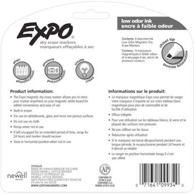 Expo Eraser Cap Magnetic Dry Erase Marker Set - Medium Chisel, Fine, Broad Marker Point - Assorted Ink - 4 / Pack CHISEL TIP ASSORTED COLORS