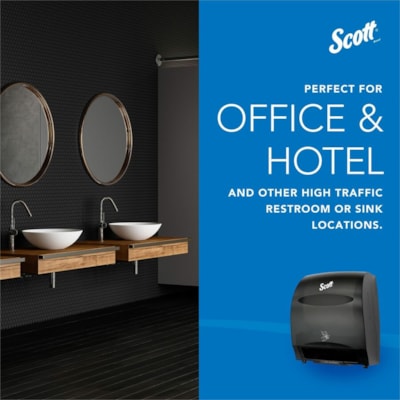 Scott Essential Automatic Hard Roll Towel Dispenser - Touchless Dispenser - 15.76" (400.33 mm) Height x 12.70" (322.58 mm) Width x 9.57" (243.13 mm) Depth - Black - Durable, Key Lock, Jam Resistant, Emergency Feed Knob, Spring Lock - 1 / Carton  