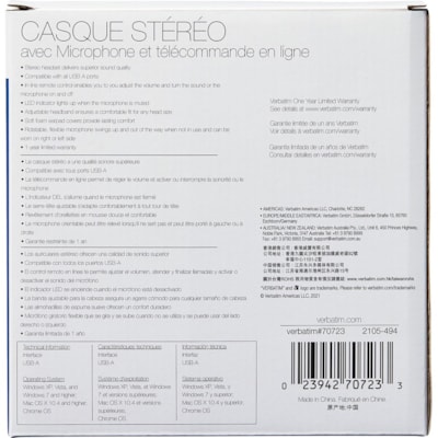 Verbatim Stereo Headset with Microphone and In-Line Remote - Stereo - USB Type A - Wired - 32 Ohm - 20 Hz to 20 kHz - Over-the-head - Binaural - Circumaural - 6.6 ft (2 m) Cable - Omni-directional Microphone WIRED W/MIC & IN-LINE REMOTE 