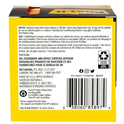 Post-it® Super Sticky Notes - 15 - 3" (76.20 mm) Flag/Note Width x 3" (76.20 mm) Flag/Note Length - Square - 45 Sheets per Pad - Neon Orange, Tropical Pink, Power Pink, Iris, Blue Paradise, Neon Green Limeade - Adhesive, Recyclable - 15 / Pack 654-15SSCP  ASSORTED COLORS 3 IN X 3 IN CABINET PACK
