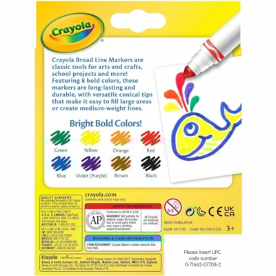 Crayola - Marqueurs à trait large de couleurs classiques - Large Conique Pointe de marqueur - Ink Variées, Orange, Jaune, Vert, Bleu, Violet, Brun, Noir - Encre à base d'eau - 8 / Ensemble CLASSIQUE 