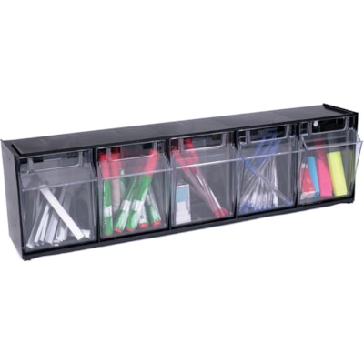 Deflecto Tilt Bin Interlocking Multi-Bin Storage Organizer - 5 Compartment(s) - 6.5" (165.10 mm) Height x 23.6" (600.08 mm) Width x 5.3" (133.35 mm) Depth - Interlockable - Black - Plastic - 1 Each BLACK WITH 5 CLEAR REMOVABLE BINS  MODULAR