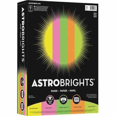 Astrobrights - Papier couleur " Néon " , 5 couleurs assorties - format lettre - 8 1/2 po (215,90 mm) x 11 po (279,40 mm) - 24 lb (10886,22 g) Poids de Base - Green Seal - Sans acide, Sans lignine, Heavyweight, Résistant à la décolaration - Orange cosmique, Citron, Vert, Ros 8.5 X11 5 COL ASS 500/PK 