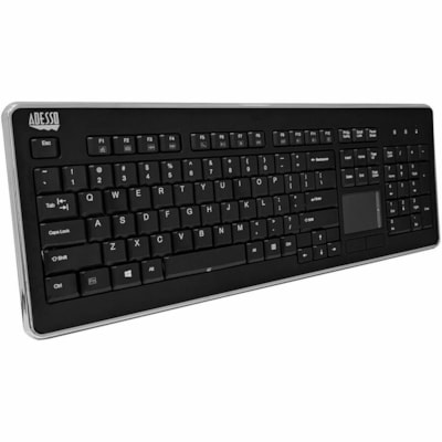 Adesso Wireless Desktop Touchpad Keyboard - Wireless Connectivity - RF - 30 ft (9144 mm) - 2.40 GHz - USB Interface - 104 Key(s) - On/Off Switch Hot Key(s) - English (US) - QWERTY Layout - Desktop Computer - TouchPad - Membrane Keyswitch - AAA Battery Size Supported - Black top Touchpad Keyboard ard (glazing black c