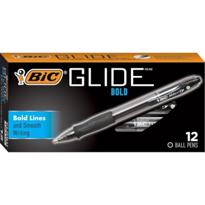 BIC Glide Bold Ball Pen - 1.6 mm (0.06") Bold Conical Pen Point - Refillable - Retractable - Black Ink - Black Barrel - 1 Dozen BLACK 