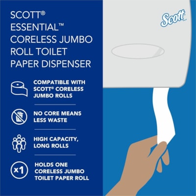 Scott Essential Coreless Jumbo Roll Toilet Paper Dispenser - Coreless Dispenser - 1 x Roll - 9.75" (247.65 mm) Height x 14.25" (361.95 mm) Width x 6" (152.40 mm) Depth - Plastic - Black - Durable - 1 Each E-Z LOAD DISPENSER SMOKED 1/EA 