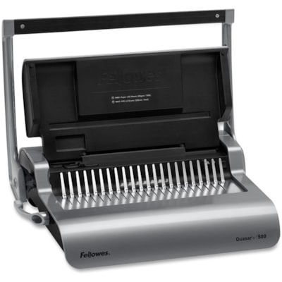 Fellowes Quasar(tm)+ 500 Comb Binding Machine w/ Starter Kit - CombBind - 500 Sheet(s) Bind - 25 Punch - 5.13" (130.30 mm) Height x 18.13" (460.50 mm) Width x 15.38" (390.65 mm) Depth - Metallic Silver, Black MANUAL BIND MACH LTR SIZE BLK 18 1/10"W X 15 2/5"D X5 1/10"H