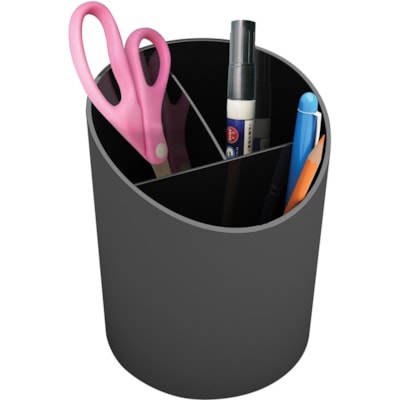 Deflecto Sustainable Office Recycled Large Pencil Cup - 5.63" (142.90 mm) Height x 4.38" (111.13 mm) Width x 4.38" (111.25 mm) Length - Black - 1 Each MADE FROM 30%RECYCLED MATERIAL FULLY RECYCLABLE  BLACK